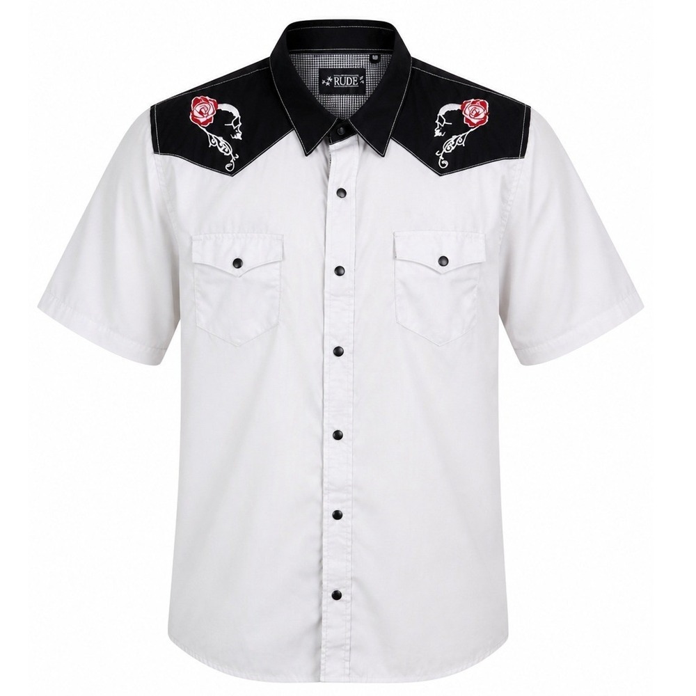 Rude Western Shirt Men XL Skull Rose Embroidered White Black Pearl Snap Western